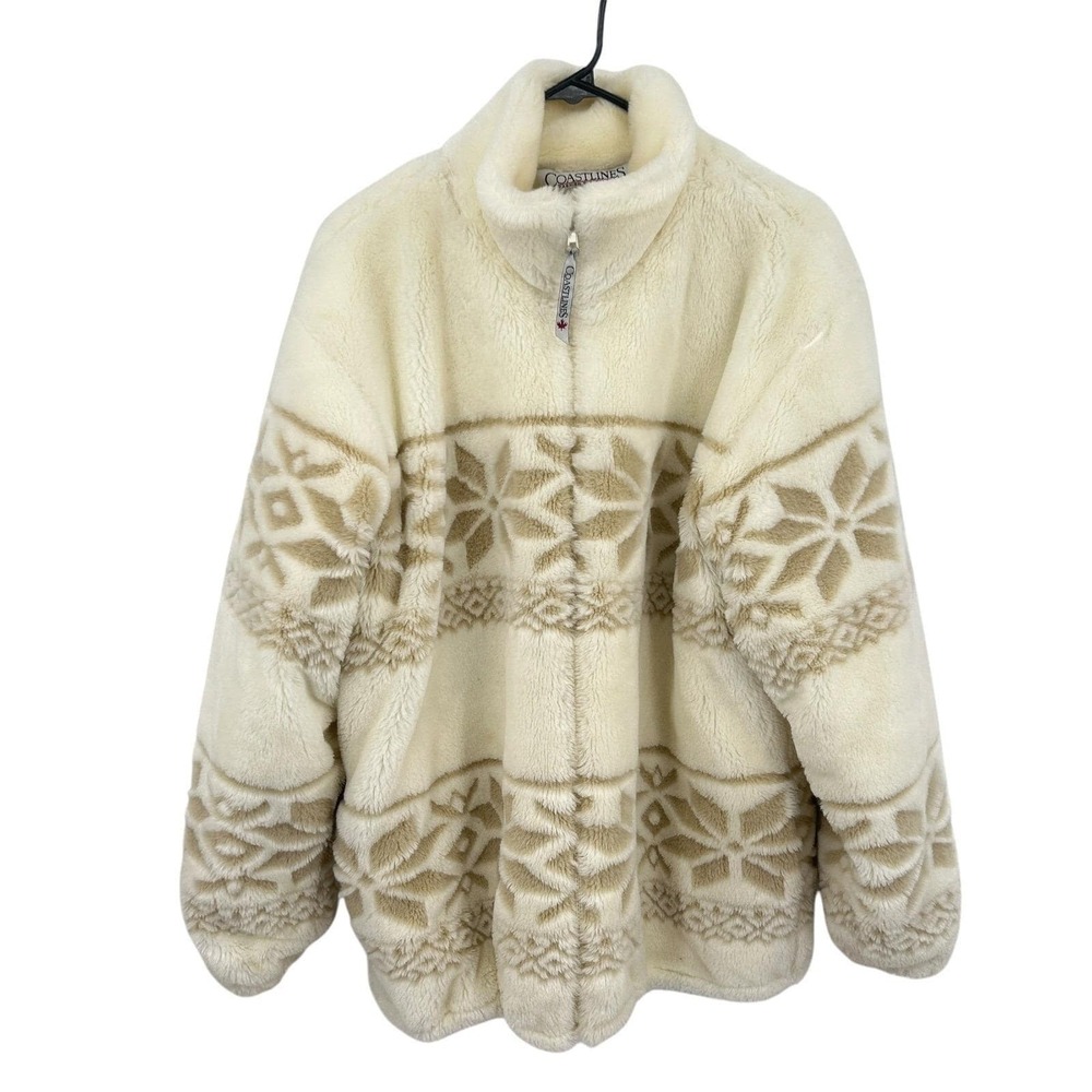 Chunky Faux Fur Apres Ski Jacket Lined Zip Up Large Cream‎ Cabincore Cozy Lodge
